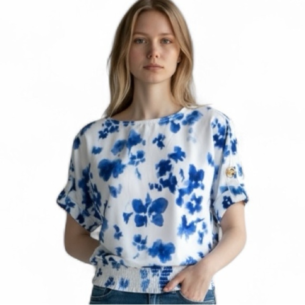 Michael Kors Blue and White Floral Blouse Draped Sleeves and Gathered Waist Sz L